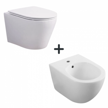 Set vas wc suspendat rimless cu capac inclus si bideu semirotund, alb, Foglia Oslo