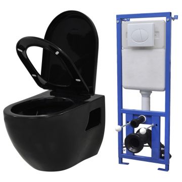Vas de toaletă suspendat cu rezervor incastrat negru ceramică