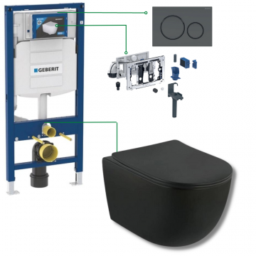 Set vas wc rimless suspendat negru mat Fluminia cu rezervor incastrat, modul DuoFresh si clapeta neagra Geberit