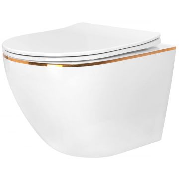Set vas WC suspendabil rimless Rea Carlo alb cu margini aurii şi capac soft close alb Set vas WC suspendabil rimless Rea Carlo alb cu margini aurii şi capac soft close alb