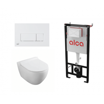 Set vas WC suspendat Fluminia Minerva Alb cu rezervor Alcadrain si clapeta alb