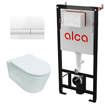 Pachet vas WC suspendat Matildaz Alb cu rezervor Alcadrain si clapeta alb
