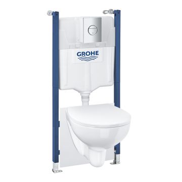 Set complet Grohe Solido 5-in-1 cu vas wc Bau Ceramic  capac slim inchidere lenta  rezervor incastrat cu cadru  Grohe Fresh si clapeta Sail crom