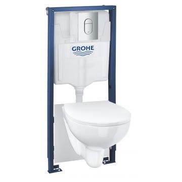 Set complet Grohe Solido 5-in-1 cu vas wc Bau Ceramic  capac slim inchidere lenta  rezervor incastrat cu cadru si clapeta Arena Cosmopolitan crom