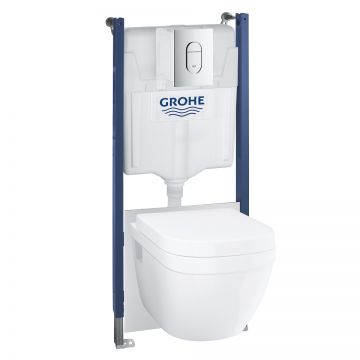Set complet Grohe Solido 5-in-1 cu vas wc Euro Ceramic  capac inchidere lenta  rezervor incastrat cu cadru si clapeta Arena Cosmopolitan crom