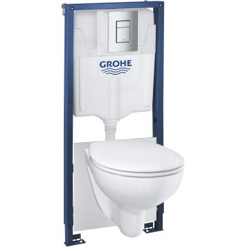 Set complet Grohe Solido 5-in-1 cu vas wc suspendat Bau Ceramic Rimless cu capac inchidere lenta  rezervor incastrat cu cadru si clapeta Skate Cosmopolitan crom