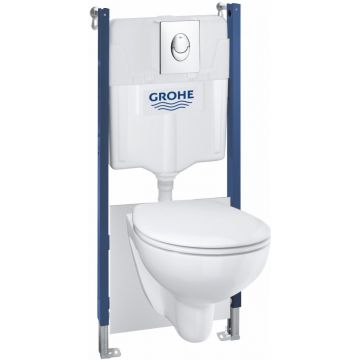 Set complet Grohe Solido Compact 4in1  cu vas wc suspendat Bau Ceramic cu capac inchidere lenta  rezervor incastrat cu cadru si clapeta Start crom