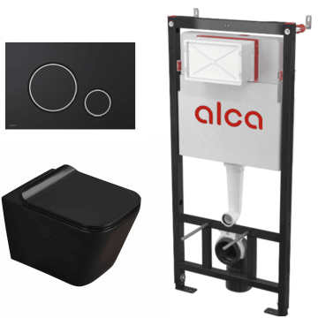Set vas wc suspendat Fluminia Paris capac Negru cu rezervor si clapeta Neagra cu Crom Alcadrain