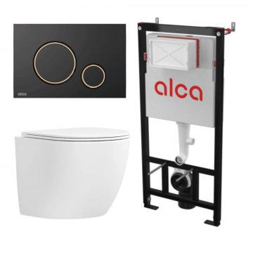 Set vas wc suspendat Matilda Alb cu Rezervor WC Alcadrain AM101 Mat si Clapeta Negru cu Auriu