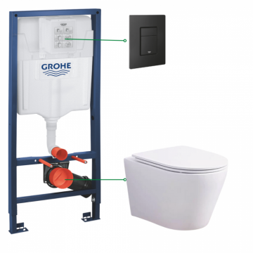 Set vas wc suspendat vortex cu capac soft close Oslo Foglia si rezervor incastrat Grohe Solido 3 in 1 cu clapeta neagra mata Even