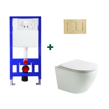 Set baie vas WC Braga Plus alb lucios cu cadru incastrat si clapeta aurie, Elysium