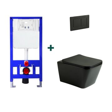 Set baie vas WC Setubal cu cadru incastrat si clapeta, negru mat, Elysium