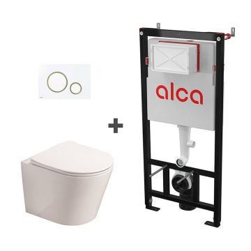 Set ramă de montaj cu rezervor și clapetă de acționare alb - auriu, Alcadrain și vas WC suspendat Fluminia, Clementina