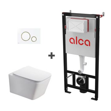 Set ramă de montaj cu rezervor și clapetă de acționare alb - auriu, Alcadrain și vas WC suspendat Fluminia, Paris