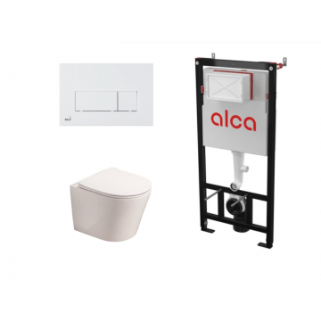 Set ramă de montaj cu rezervor și clapetă de acționare alb lucios, Alcadrain și vas WC suspendat Fluminia, Clementina