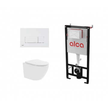 Set ramă de montaj cu rezervor și clapetă de acționare alb lucios, Alcadrain și vas WC suspendat Fluminia, Ricci Tornado