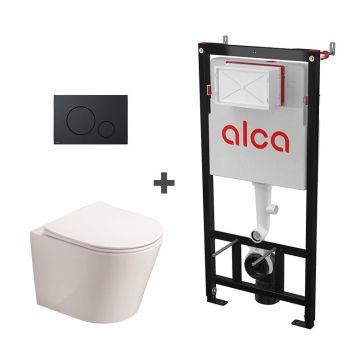 Set ramă de montaj cu rezervor și clapetă de acționare cu butoane rotunde, negru mat, Alcadrain și vas WC suspendat Fluminia, Clementina