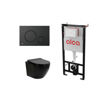 Set ramă de montaj cu rezervor și clapetă de acționare M678, Alcadrain și vas WC suspendat Fluminia Ricci Tornado negru mat