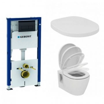 Set rezervor Geberit duofix Delta + clapeta Delta 50 negru + vas WC Connect suspendat+ capac Connect - Montaj suspendat