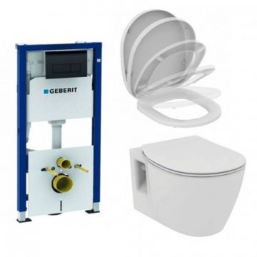 Set rezervor Geberit duofix Delta + clapeta Delta 50 negru + vas WC Connect suspendat+ capac Connect soft-close - Montaj suspendat