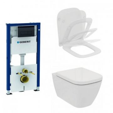 Set rezervor Geberit duofix Delta + clapeta Delta 50 negru + vas WC I.Life B rimless suspendat+ capac I.Life B slim soft-close - Montaj suspendat