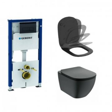 Set rezervor Geberit duofix Delta + clapeta Delta 50 negru + vas WC Ideal Standard Tesi suspendat + Capac Tesi soft-close - Culoare Negru