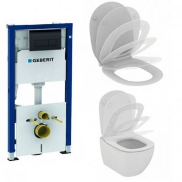 Set rezervor Geberit duofix Delta + clapeta Delta 50 negru + vas WC Tesi Aquablade Suspendat + capac Tesi soft-close - Montaj suspendat