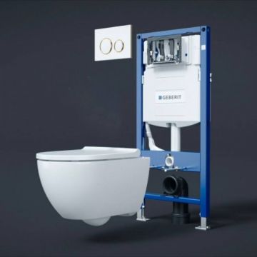 Set vac WC Geberit Acanto cu capac quick release si rezervor incastrat Geberit Duofix Sigma 12cm cu Clapeta SIGMA 20 alb-auriu - Montaj suspendat