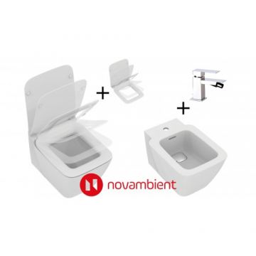 Set vas Wc Ideal Stadard Strada II + capac subtire cu inchidere lenta + bideu Strada II cu baterie Skyline - Montaj suspendat