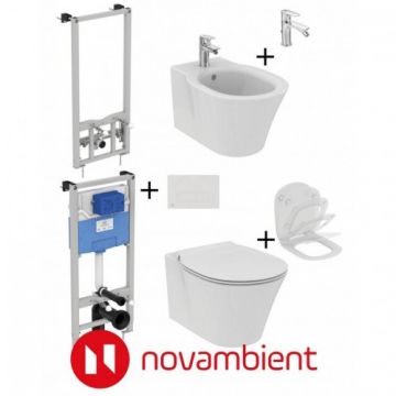 Set vas Wc Ideal Standard Connect Air Aquablade + capac + bideu cu baterie + rezervor Prosys 120 cu clapeta Oleas si cadru bideu - Montaj suspendat