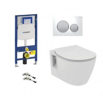 Set vas Wc Ideal Standard Connect cu capac soft-close + rezervor Geberit Duofix Sigma si clapeta Sigma 20 alb si crom - Montaj suspendat