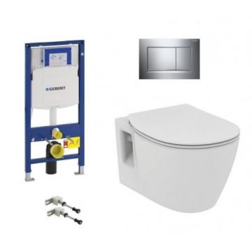 Set vas Wc Ideal Standard Connect suspendat, capac soft-close, rezervor incastrat Geberit Duofix Sigma si clapeta Sigma 30 crom - Montaj suspendat