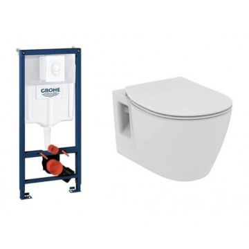Set vas Wc Ideal Standard Connect suspendat, capac soft-close slim, rezervor incastrat Grohe Rapid SL si clapeta Skate Air alb - Montaj suspendat