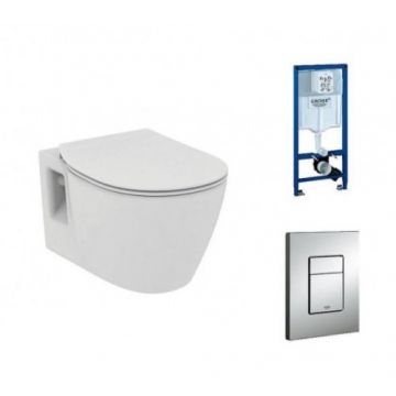 Set vas Wc Ideal Standard Connect suspendat cu functie de bideu,capac soft-close si rezervor incastrat cu clapeta Grohe Rapid SL - Montaj suspendat