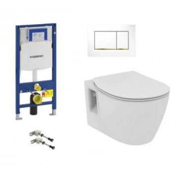 Set vas Wc Ideal Standard Connect suspendat cu rezervor incastrat Geberit Duofix Sigma si clapeta Sigma 30 alb si aurie - Montaj suspendat