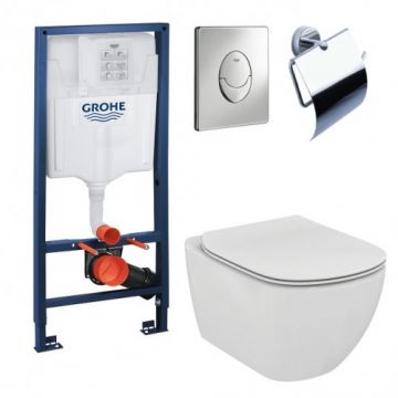 Set vas Wc Ideal Standard Tesi Aquablade + capac slim soft-close + suport hartie igienica Karag + rezervor incastrat Grohe - Montaj suspendat