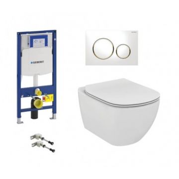 Set vas Wc Ideal Standard Tesi Aquablade + capac soft-close + rezervor Geberit Duofix Sigma + clapeta alb si auriu - Montaj suspendat