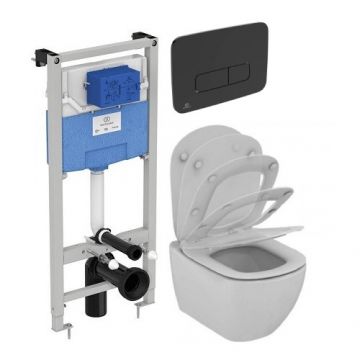 Set vas Wc Ideal Standard Tesi Aquablade + capac soft-close + rezervor incastrat Prosys 120 + clapeta Oleas M3 negru - Montaj suspendat