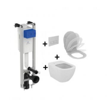 Set vas wc Ideal Standard Tesi Aquablade cu capac cu inchidere lenta si cadru wc cu clapeta Crome Oleas M2 dual-flush - Culoare Alb pal