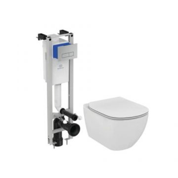 Set vas wc Ideal Standard Tesi Aquablade cu capac subtire, rezervor incastrat si clapeta Oleas M2 dual-flush - Montaj suspendat