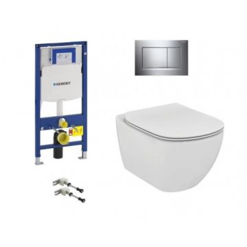 Set vas Wc Ideal Standard Tesi Aquablade suspendat + capac soft-close +rezervor Geberit Duofix Sigma +clapeta crom lucios si mat - Montaj suspendat