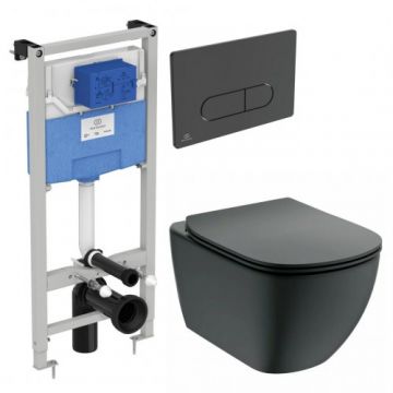 Set vas Wc Ideal Standard Tesi Aquablade suspendat + capac soft-close slim negru + rezervor Prosys+clapeta Oleas M1 - Montaj suspendat