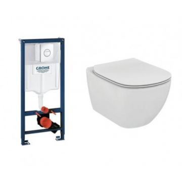 Set vas Wc Ideal Standard Tesi Aquablade suspendat cu rezervor incastrat Grohe Rapid SL si clapeta Nova Cosmo crom - Montaj suspendat