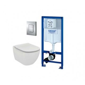 Set vas Wc Ideal Standard Tesi cu capac soft-close + rezervor incastrat rapid SL cu clapeta Skate Cosmo crom si set fixare Grohe - Montaj suspendat
