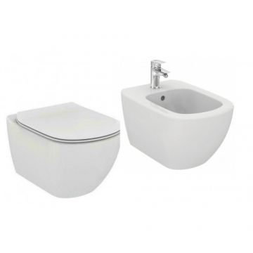 Set vas Wc Ideal Standard Tesi cu capac soft-close si bideu suspendat cu baterie - Montaj suspendat