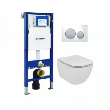 Set vas Wc Ideal Standard Tesi cu capac soft-close si rezervor incastrat Geberit Duofix Sigma cu clapeta Sigma 20 alb cromat - Montaj suspendat