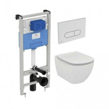 Set vas Wc Ideal Standard Tesi cu capac soft-close si rezervor incastrat Prosys cu clapeta Oleas M1 crom - Montaj suspendat