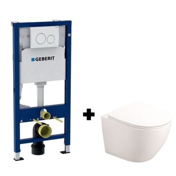 Set vas WC suspendat, Fluminia, Alfonzo, rezervor încastrat Geberit, Duofix, cu set de fixare și clapetă alba Delta 20