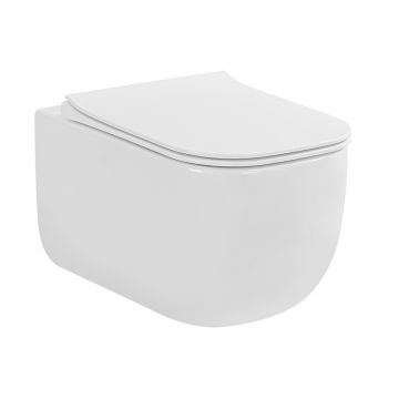 Set vas WC suspendat, Fluminia, Orion, rimless, cu fixare ascunsă, capac soft close, quick release, alb