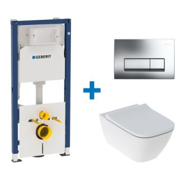 Set vas wc suspendat Geberit Smyle Square Rimfree cu rezervor incastrat Duofix Delta si clapeta Delta 50 crom - Montaj suspendat
